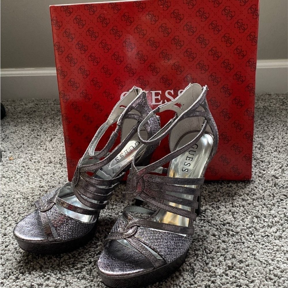 Guess Silver Strappy Heels with Gladiator Design
